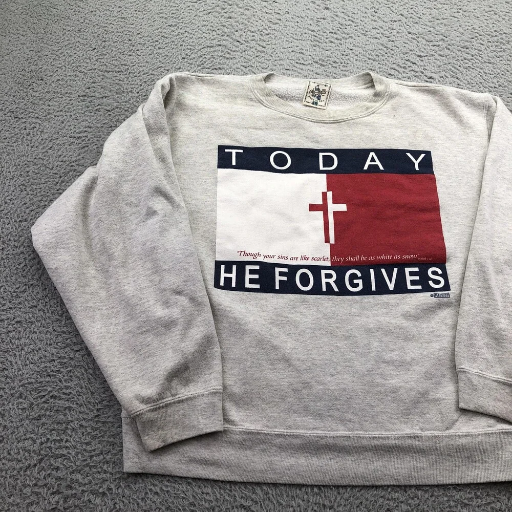 Vintage Religious Sweatshirt Mens Large Gray Crewneck Today He Forgives Cross